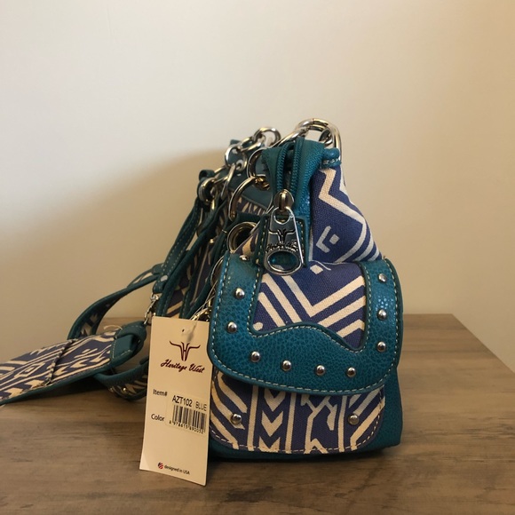 Heratige West Blue Aztec Print Handbag - Picture 5 of 12